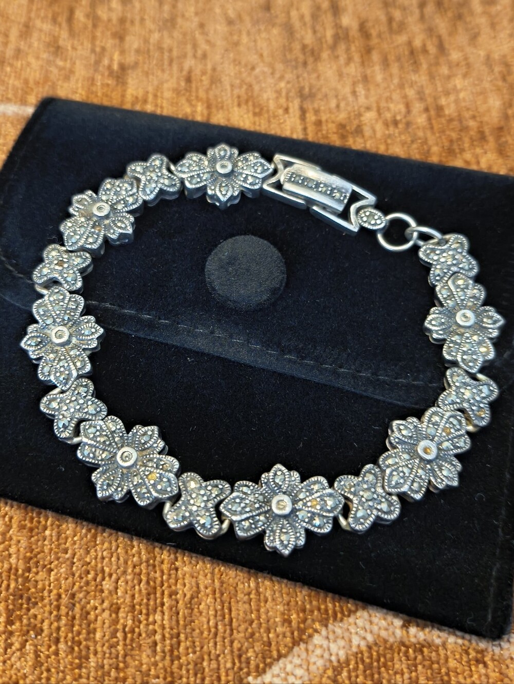 VTG Vantage 925 Sterling Silver Marcasite Floral Link Bracelet Thailand Art Deco
